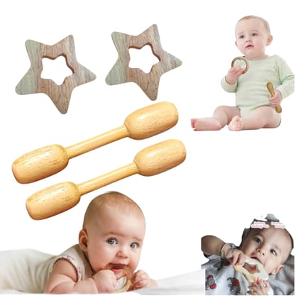 Shreeja Shilpcraft Neem Wood Baby Teething Set, Star Teether and Dumbbell Teether, Natural Wood, 4-Piece Shreeja Shilpcraft Neem Wood Baby Teething Set, Star Teether and Dumbbell Teether, Natural Wood, 4-Piece