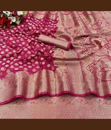 JIHANA FAB Organza Woven Saree With Unstitched Blouse Piece ( Pink )
