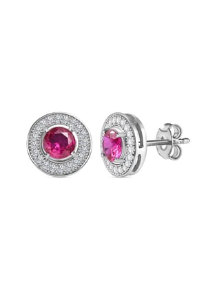 Red Ruby Halo Stud Earrings In 925 Sterling Silver