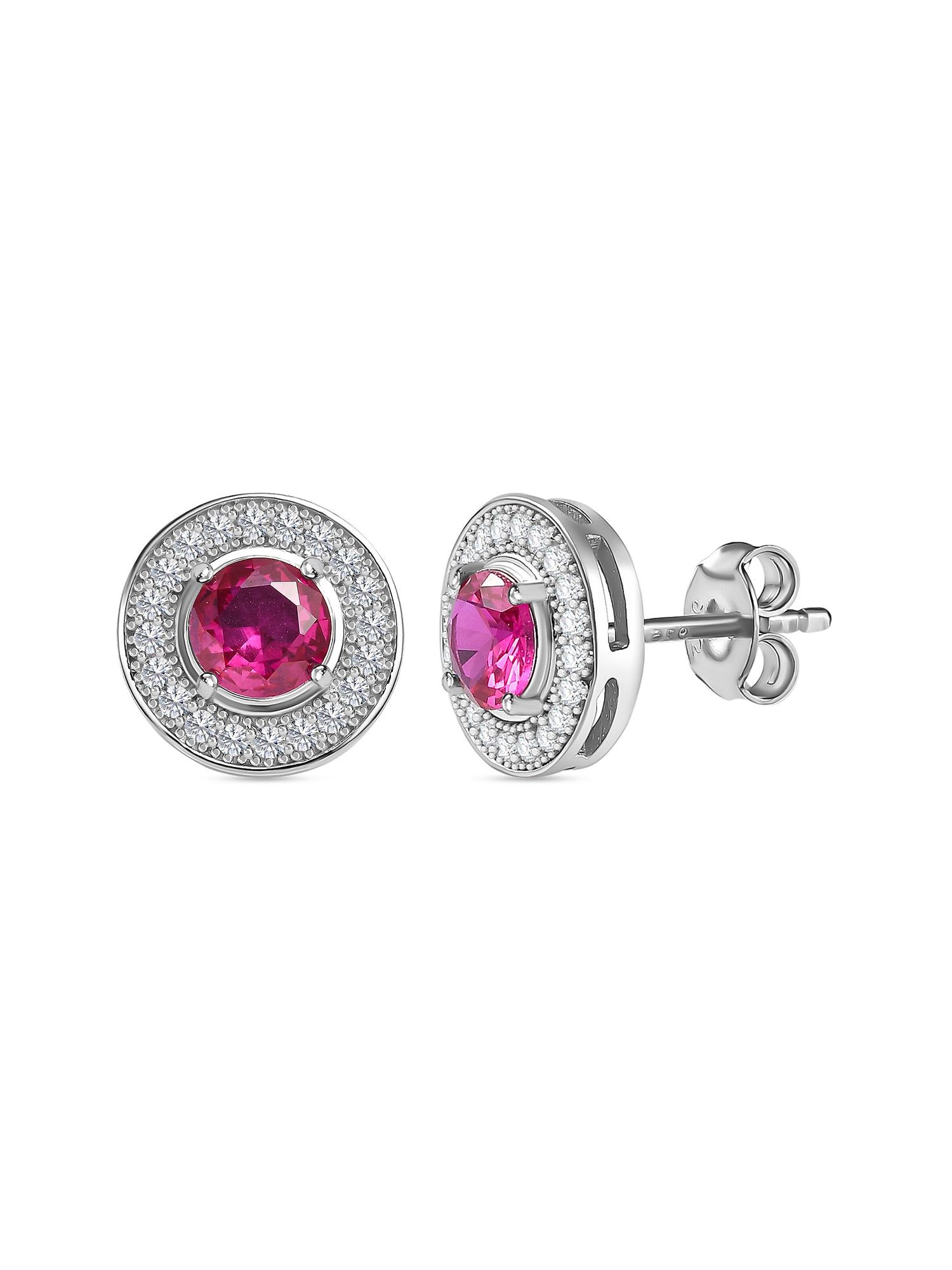 Red Ruby Halo Stud Earrings In 925 Sterling Silver