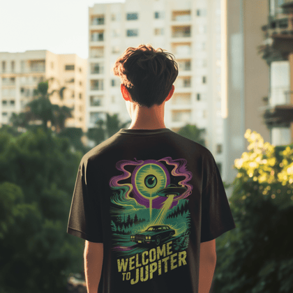 welcome to jupiter- Round Neck Drop Shoulder Graphic Printed Oversized Cotton T-shirt-S / Black