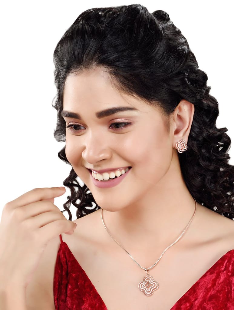 Rose Gold plated AD studded Floral design Pendant Earrings set chain - Jewellery Sets | Buy online on ZillyBuy