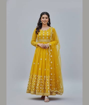 Aika Women's Net Semi Stitched Flared Ethnic Gown With Dupatta