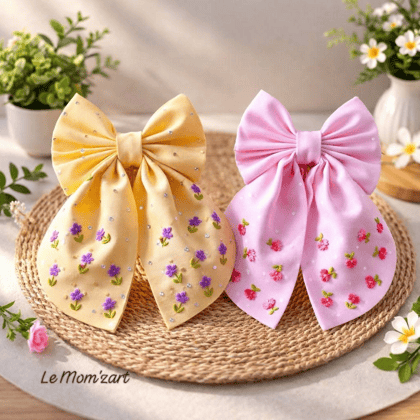 Le Mom'zart Floral Embroidered Hair Bows (Pack of 2) | Handcrafted Sequins | Party & Casual Wear