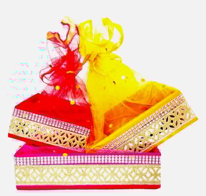 Omkar by R3 Inc. Handmade Multicolor Fancy Gift Hamper Basket Net Covering for Wedding and Festival Gift Purpose - Square (Set of 3) Standard, Large & Jumbo