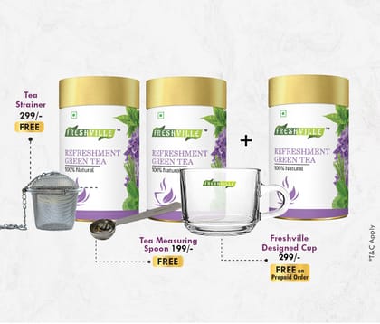 Freshville Refreshment Green Tea | Pure & Natural | Skin Glow | Immunity Booster | Removes Toxins | Peppermint, Lemon, Lemongrass, Lavender, Green Tea Tin (100g).45 Day Pack