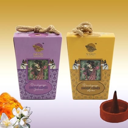 Nandi Panchgavya 100 Percent Cow Dung Jasmine & Amber Dhoop Cones (100 Pcs) with Stand