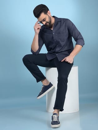 Navy Blue Printed Cotton Shirt-S / Navy Blue