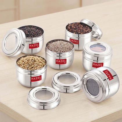 HAZEL See Through Kitchen Containers 450ml, Set of 6 , Stainless Steel Food Storage Dabbas with Transparent Top for Pantry Use