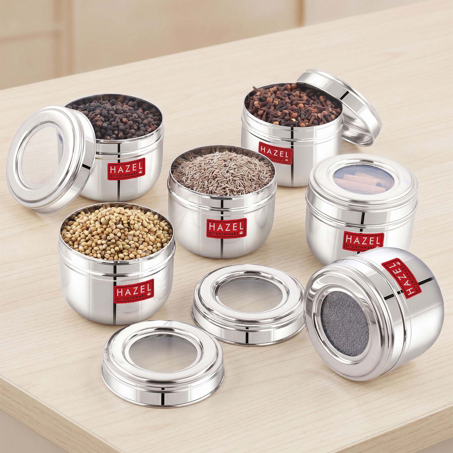 HAZEL See Through Kitchen Containers 450ml, Set of 6 , Stainless Steel Food Storage Dabbas with Transparent Top for Pantry Use