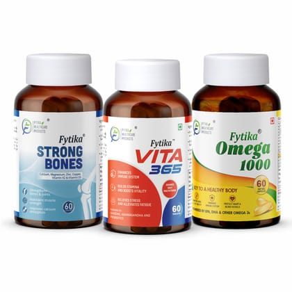 Fytika Strong Bones, Vita 365 and Omega 1000 ( Pack of 3 ) Supports Overall Health, For Men, Women - 60 Tablets Each, 60 capsules
