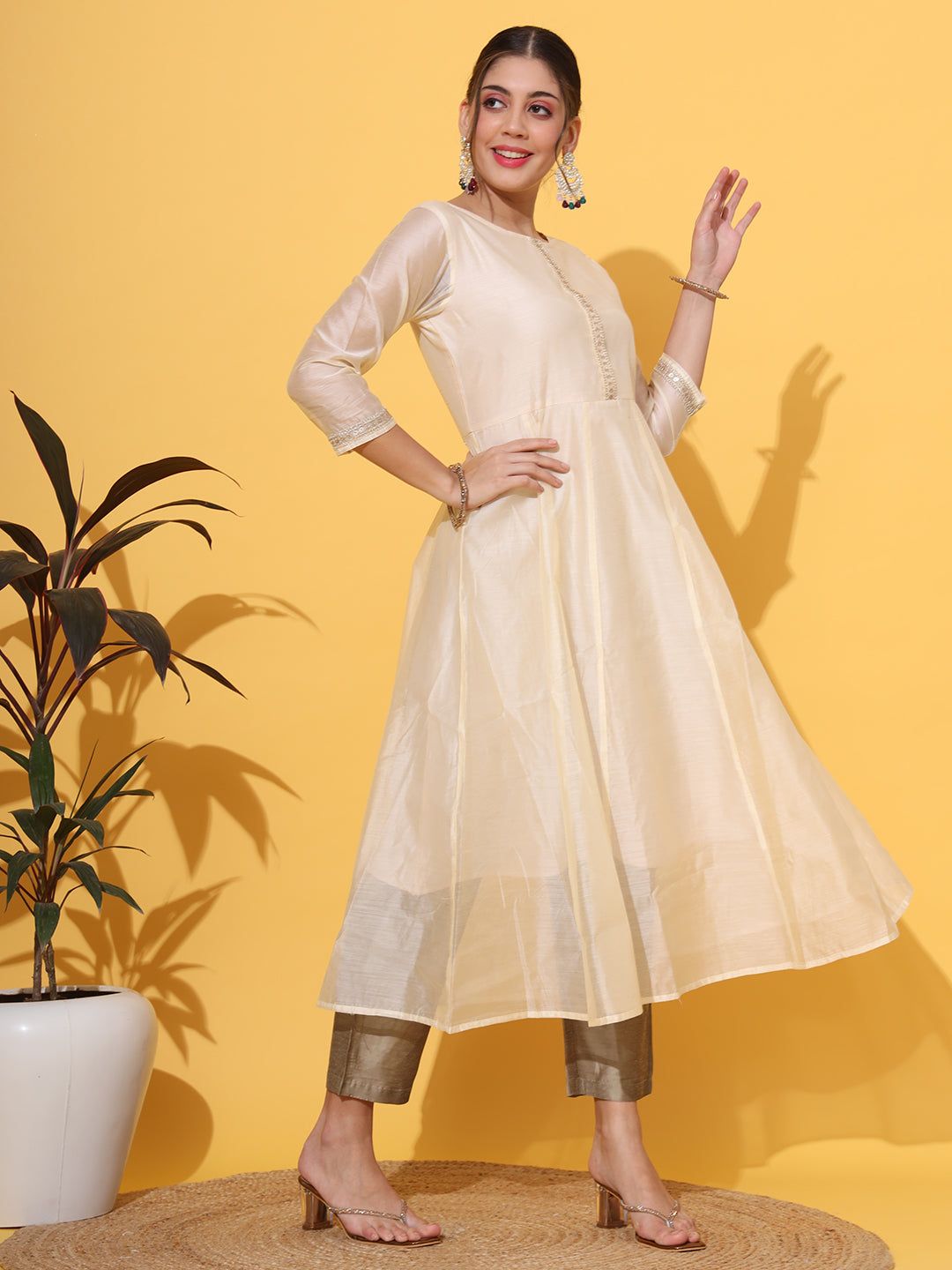 Cream Chanderi Anarkali Kurta-M / Cream