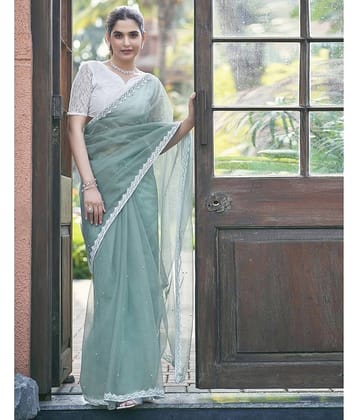 Samah Net Embellished Saree With Unstitched Blouse Piece ( Blue )