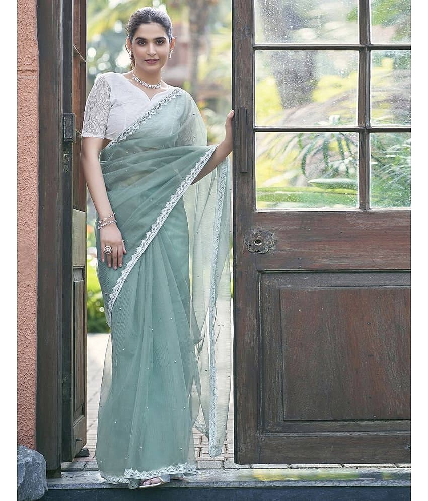 Samah Net Embellished Saree With Unstitched Blouse Piece ( Blue )