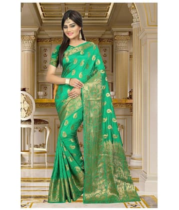 Gazal Fashions Banarasi Silk Printed Saree With Unstitched Blouse Piece ( Green )