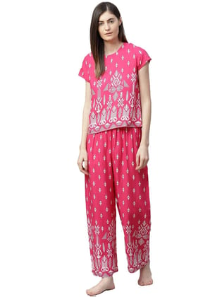 Women's Casual Short Sleeve Printed Rayon Pajama Set Size XL (Pink)
