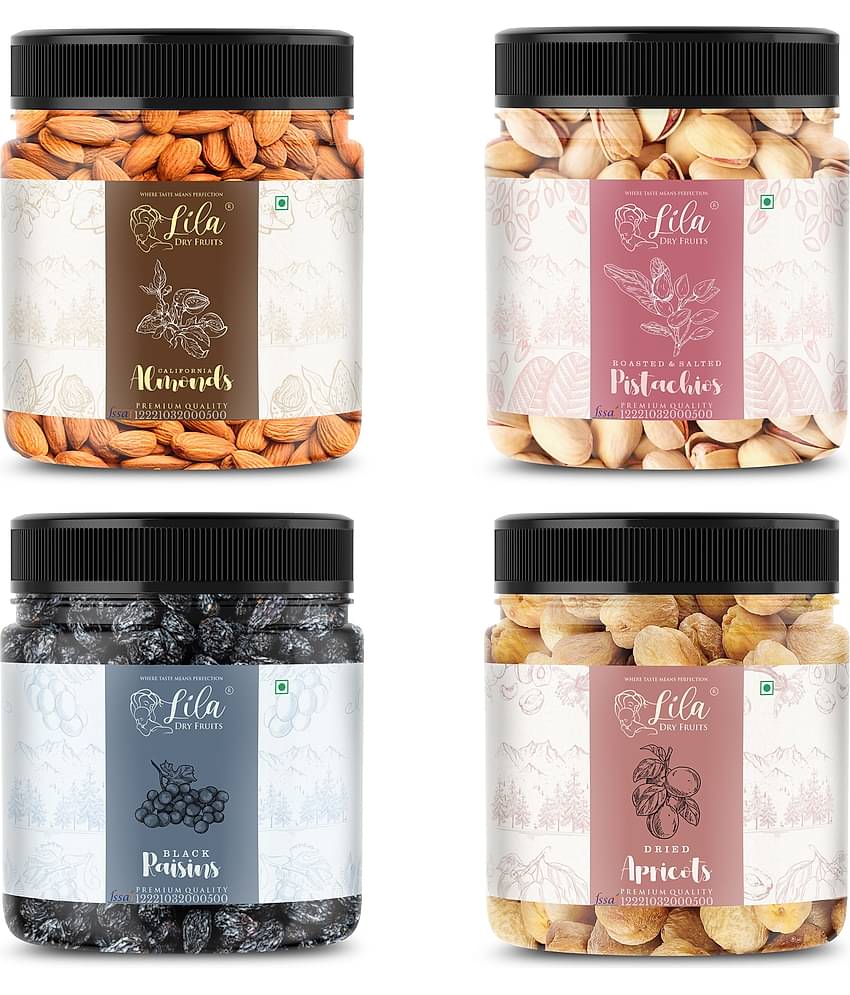 Lila Dry Fruits Combo Almonds, Pista, Black Raisin, Apricots 100 Grams Each (100g x 4)