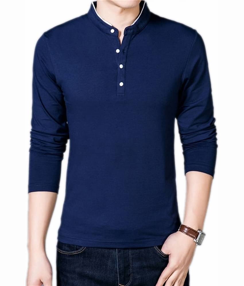 Alexender Cotton Blend Slim Fit Solid Full Sleeves Men's Mandarin Collar T-Shirt - Blue ( Pack of 1 )