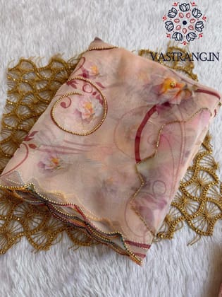 New Partywear Peach Color Organza Silk Printed Hand Work Fancy Designer Saree With Unstitched Blouse