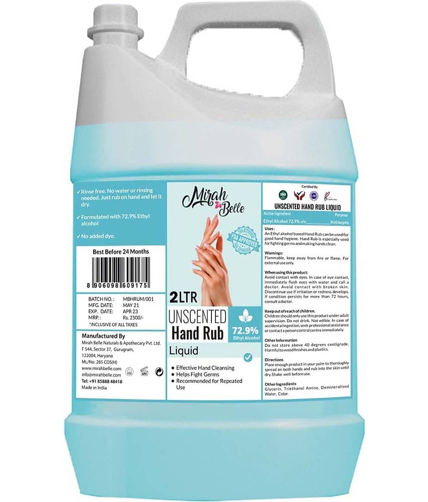 Mirah Belle Unscented - Hand Rub Sanitizer Liquid Can (2 Ltrs) Sanitizers 2000 mL Pack of 1