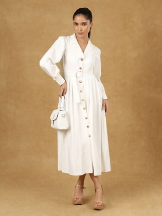 White Solid Notched Collar Midi Dress-L