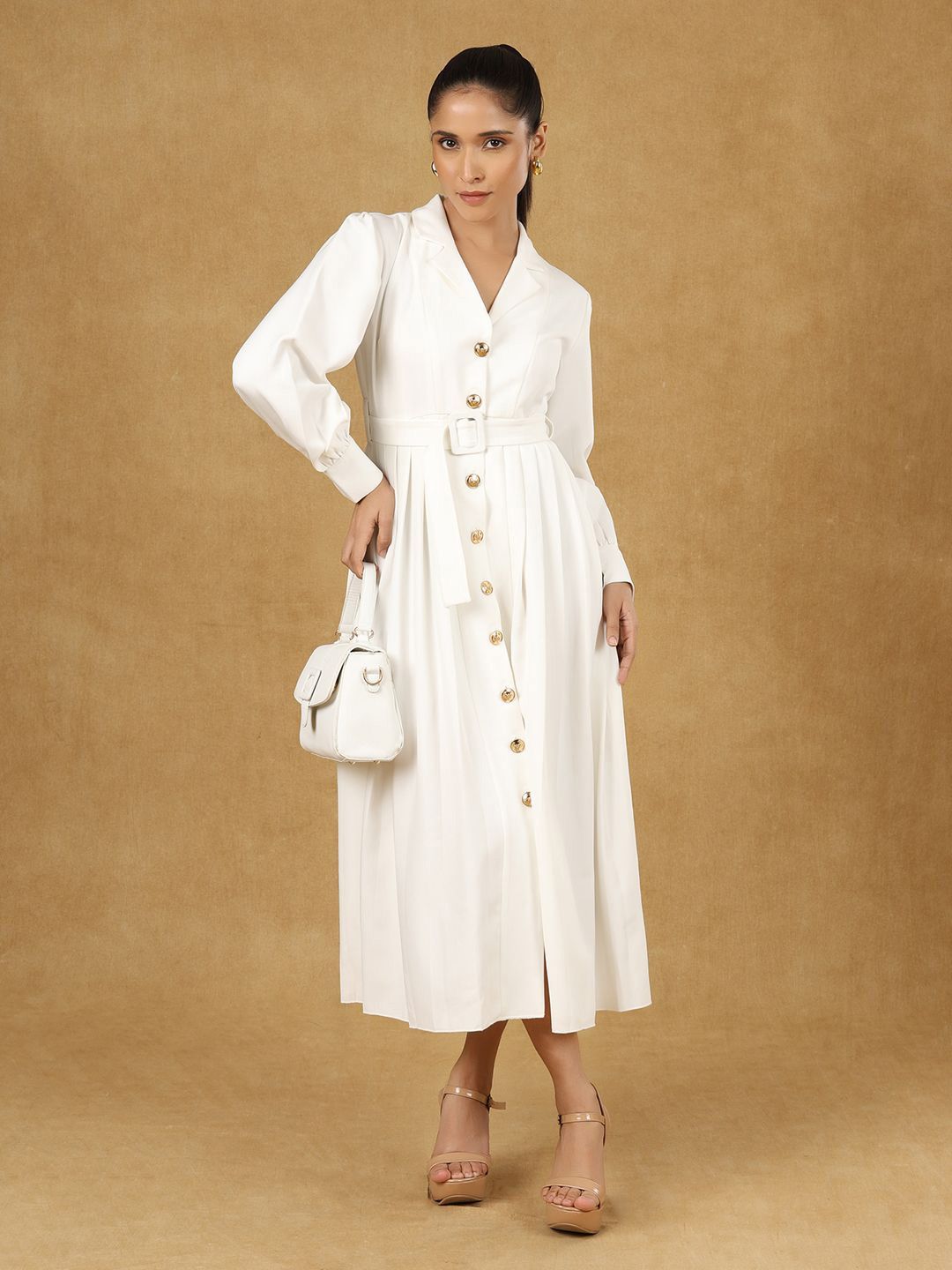 White Solid Notched Collar Midi Dress-S