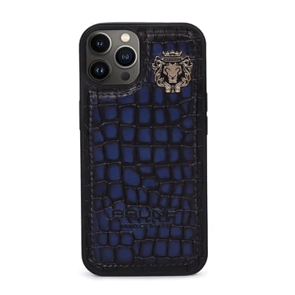 Golden Metal Lion Smokey Blue Small Scale Cut Croco Print Leather Mobile Cover by Brune & Bareskin-13Pro