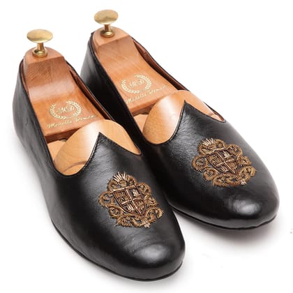 Royal Crest©️ Leather Juttis (Black)(Patent Copyright Artwork)-EU 40 / UK 6 / Black