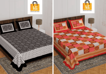 3001-Hometrade India-Standard King Size (90*108 Inches)-Buy Pure Cotton Jaipuri Printed Flat King Size Double Bedsheet With 2 Matching Pillow Cover