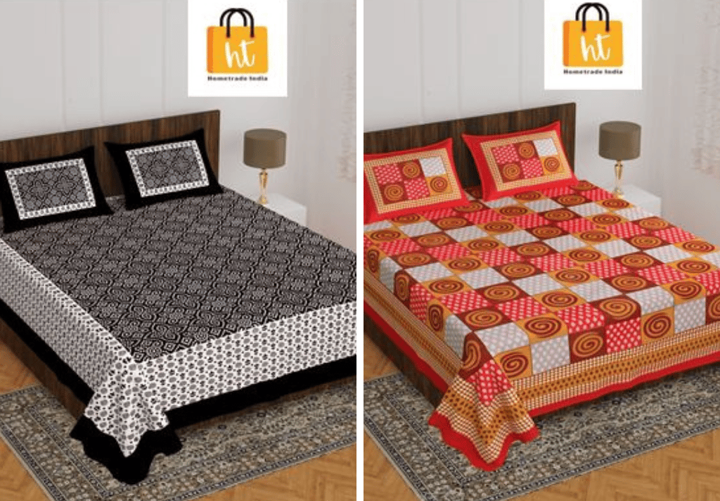 3001-Hometrade India-Standard King Size (90*108 Inches)-Buy Pure Cotton Jaipuri Printed Flat King Size Double Bedsheet With 2 Matching Pillow Cover