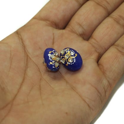 5 Pcs, 17x12mm Handpainted Kundan Work Oval Beads Blue-Blue / Glass