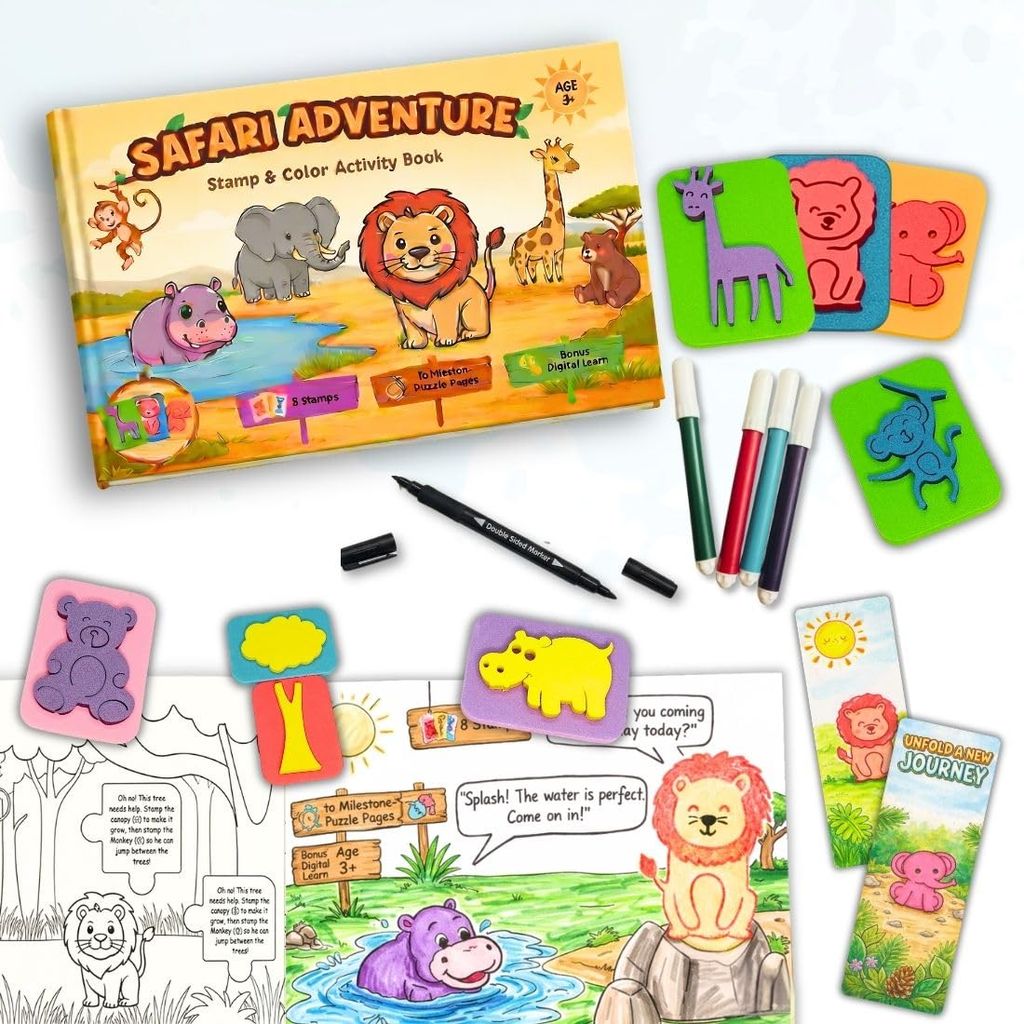 Clever Fox Funlab Safari Stamp Art: DIY Coloring & Story Puzzle Set for Kids 3+ | 8 Jumbo Foam Stamps, 8 Pens, 16 Activity Pages & DIY Bookmarks | Creative Art & Learning Kit for Boys & Girls