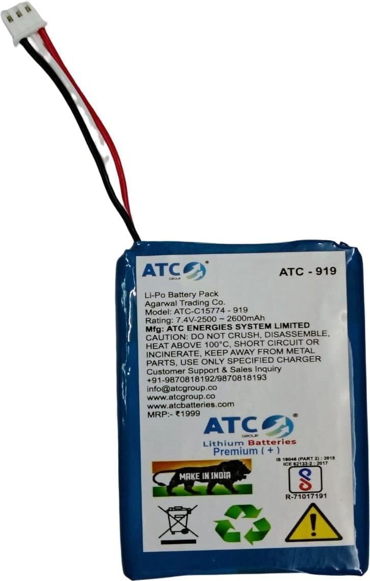 NOVEL ATC 7.4V LiPo Rechargeable Battery Pack 2500-2600mAh Model ATC-919 | Compatible with RC Applications, Hobby Electronics and Portable Equipment