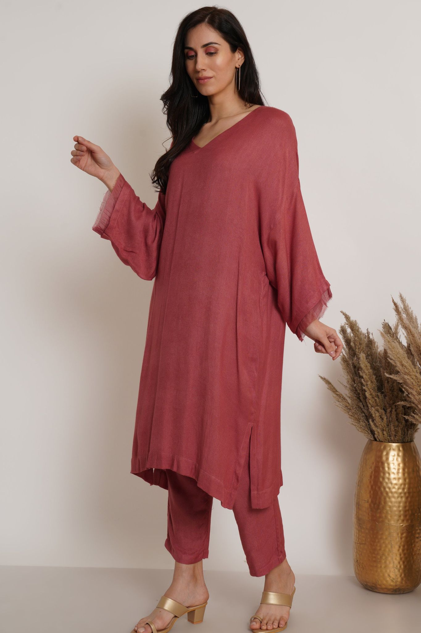 Red Ruffle Plain Kaftan Set Of 2-S
