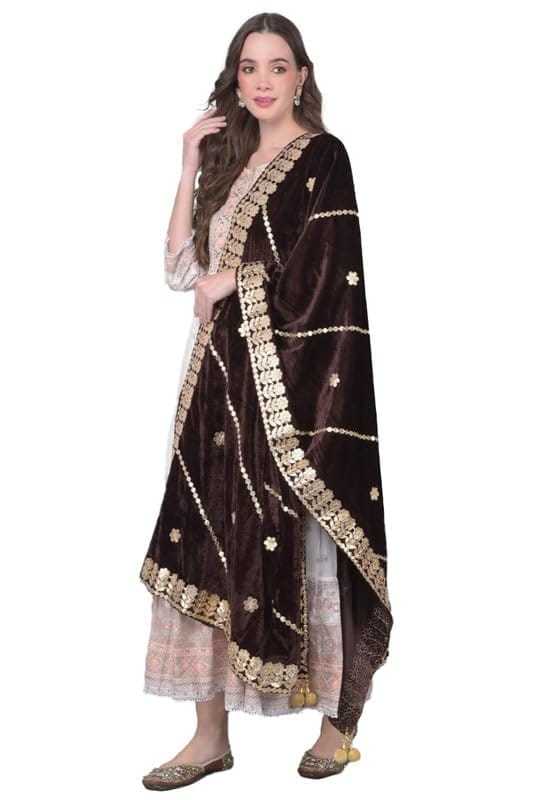 Women's Velvet Gotta Patti Dupatta (Brown)-PID46988