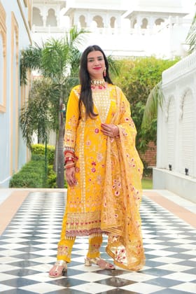 Bright Yellow Colour Zari & Mirror Work Pakistani Kurta Set with Pant & Dupatta-XL / Yellow