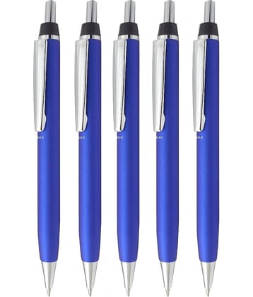 UJJi Blue Color Click on and Off Matte Finish Body Pack of 5 Retractable (Blue Ink) Metal Ball Pen