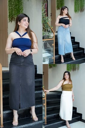 Henna Denim Front Slit Skirt-Dark Blue / S-M