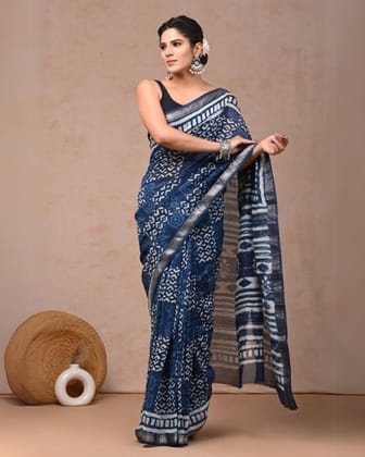 Evocative Maheshwari Pure Silk Indigo Saree Blockprint