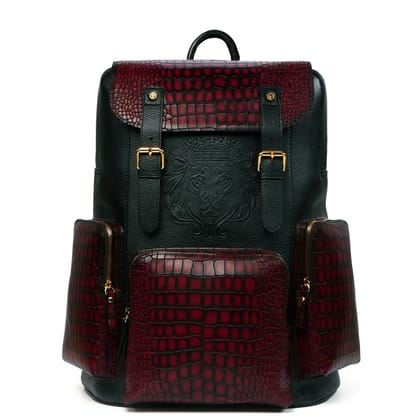 Contrasting Color Flap-Over Backpack in Croco Textured Genuine Leather-FS