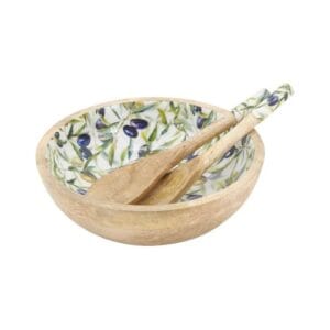 Handicraft Exim Wooden Salad Bowl Set | Olive Branch Print | Natural Wood Finish | Serving Utensils Included