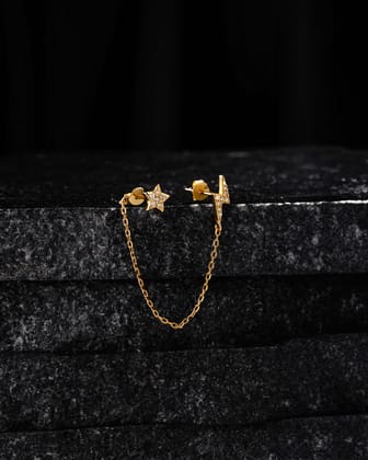Star and thunder chain connector stud earring - Pair-14k gold plated