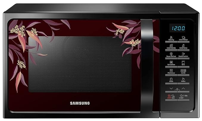 Samsung 28 L Convection Microwave Oven with SlimFry (MC28H5025VR/TL, Black Delight Red Pattern)