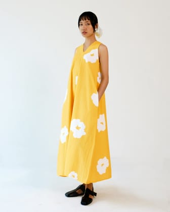 Yellow Poppy Sleeveless V neck Cotton Dress-XS