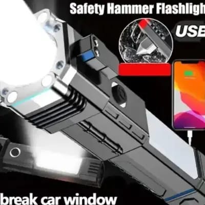 *Torch Flashlight,Car Rescue Torch with Hammer Torch (Multicolor, 12 cm, Rechar