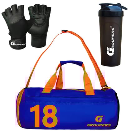 GROUPERS Combo Set of Duffle Polyester Bag with Shaker Bottle-700ml & GloveslSports & Travel Bag (Blue 10) GROUPERS Combo Set of Duffle Polyester Bag with Shaker Bottle-700ml & GloveslSports & Travel Bag (Blue 10)