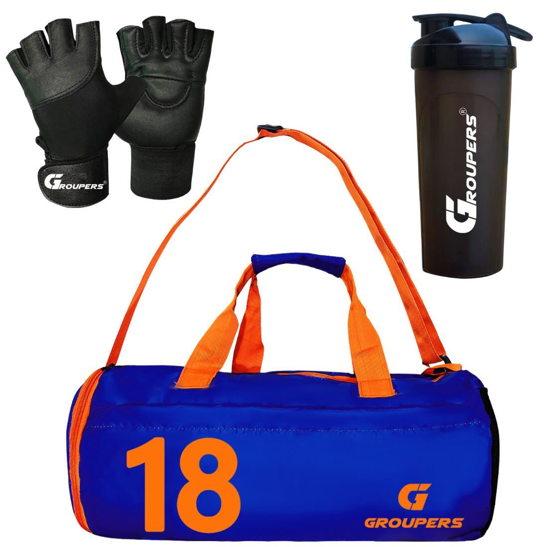 GROUPERS Combo Set of Duffle Polyester Bag with Shaker Bottle-700ml & GloveslSports & Travel Bag (Blue 10)