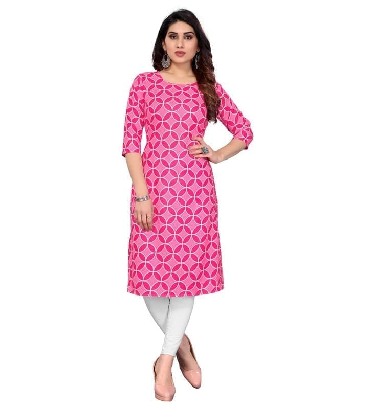 Women's Casual 3/4th Sleeve Printed Crepe Kurti (Pink, S)-PID46174