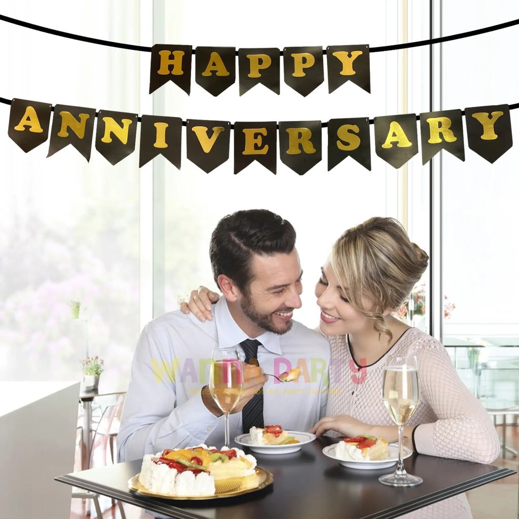 Happy Anniversary Gold Embossed Flag Banner Gold & Black - 9FT - 1PC - Party and Festive Needs | Buy online on ZillyBuy