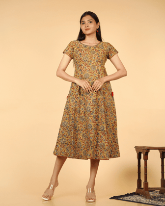 Yellow Floral kalamkari Dress with a Boat neck and Sleeve-M